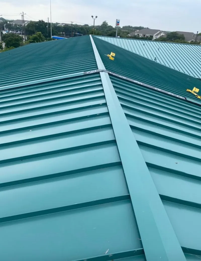 Green commercial metal roof ridge and valley for Metal Roof Repair in La Feria